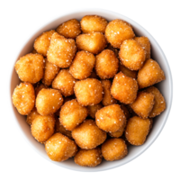 Golden Brown Bite-Sized Snacks in a White Bowl Wooden Table png