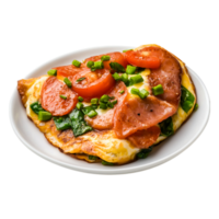 Delicious Homemade Omelet with Fresh Vegetables and Savory Meat Toppings png