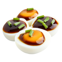 Delicious Soft-Boiled Eggs with Soy Sauce and Chopped Green Onion Garnish png