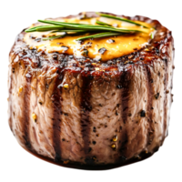 Grilled Tender Steak with Herb Garnish on Dark Plate for Gourmet Serving png