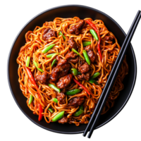 Delicious Stir-Fried Noodles with Beef and Vegetables in Black Bowl png