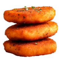 Crispy Golden Fried Potato Cakes Stacked with Fresh Herbs on Top png