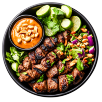 Delicious Grilled Meat Skewers with Fresh Herbs and Spicy Sauce png