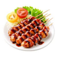 Grilled Chicken Skewers with Sauce and Fresh Vegetables in a White Plate png