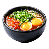 Delicious Bowl of Authentic Noodle Soup with Soft Boiled Eggs and Green Onions png