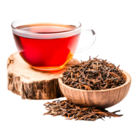 Freshly Brewed Tea with Loose Leaves on Wooden Surface and Teacup png