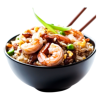 Delicious Shrimp Fried Rice with Vegetables in a Black Bowl png