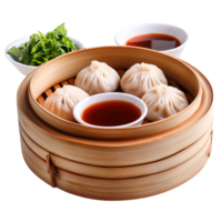 Delicious Chinese Dumplings in Bamboo Steamer with Dipping Sauce and Herbs png
