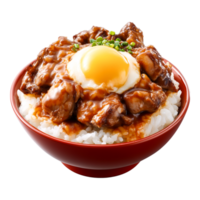 Delicious bowl of rice topped with savory chicken and soft cooked egg png