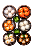Assorted Dim Sum Platter with Dumplings, Buns, and Shrimp in Bowls png