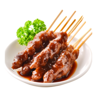 Grilled Chicken Skewers with Sweet Sauce and Fresh Green Garnish png