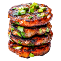 Grilled Pork Patties with Green Onions and Herb Garnish on png
