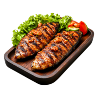 Grilled Fish Fillets with Herbs and Spices Served on Wooden Platter png