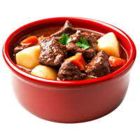 Delicious Comforting Beef Stew with Vegetables in a Red Bowl png