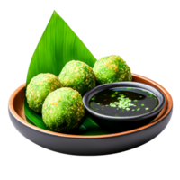 Crispy Green Balls with Herb Sauce on Leaf in Modern Bowl Arrangement png