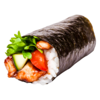 Fresh and Flavorful Sushi Roll with Chicken, Vegetables, and Seaweed Wrapper png