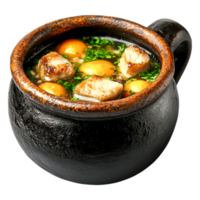 Freshly Made Soup with Vegetables and Eggs in a Rustic Clay Pot png