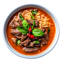 Savory Beef Noodle Soup with Fresh Herbs and Red Chilies in Bowl png