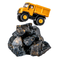 Small Yellow Dump Truck on Dark Rocks in Constructind Mining Context png