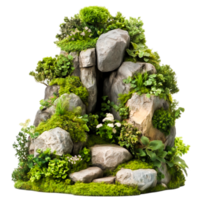 Lush Green Rock Formation Surrounded by Various Plants and Moss png