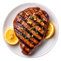 Grilled Meat Steak Cooked to Perfection with Lemon Garnish on White Plate png