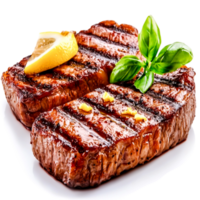 Grilled Steak with Lemon Slice and Fresh Basil Garnish on White Plate png
