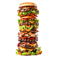 Giant Towering Stacked Hamburger with Multiple Layers and Colorful Ingredients png