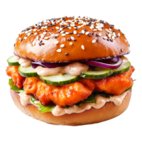 Delicious Crispy Chicken Sandwich with Fresh Vegetables and Sauces png