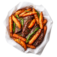 Delicious Roasted Meat with Carrots and Fresh Herbs in Serving Dish png