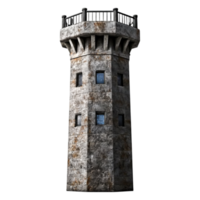 Vintage Stone Watchtower with Square Windows and Rusty Texture png