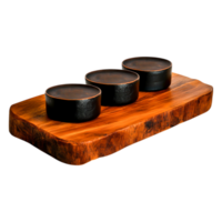 Rustic Wooden Platter with Three Ceramic Bowls for Food Presentation png