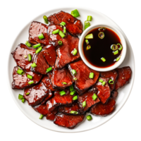 Deliciously Glazed Beef Slices with Green Onions and Soy Sauce Dip png