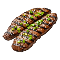 Grilled Beef Steak with Green Onions on Wooden Serving Board png