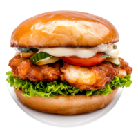 Crispy Chicken Sandwich with Fresh Vegetables and Creamy Sauce on Bun png