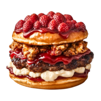Decadent burger with fried chicken, strawberry toppings, and sauce drizzle png