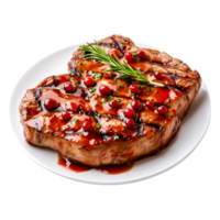 Grilled Meat with Sauce Garnished with Herbs and Berries on White Plate png