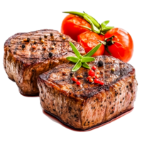Juicy Grilled Steak with Fresh Tomatoes and Green Herb Garnish png