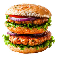 Delicious stacked burger with fresh lettuce, tomatoes, and red onions png