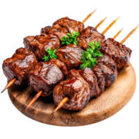 Savory Grilled Beef Skewers Garnished with Fresh Parsley on Wooden Plate png