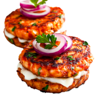Delicious Grilled Shrimp Patties with Fresh Onions and Creamy Sauce png