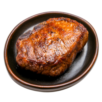 Grilled Perfectly Cooked Steak on Dark Plate with Glazed Finish png