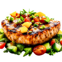 Grilled Salmon Steak with Fresh Vegetables and Mango Salsa Garnish png
