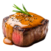 Grilled Steak with Savory Sauce and Fresh Herb Garnish png