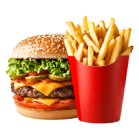 Delicious cheeseburger with fresh lettuce, tomato and crispy fries in red container png