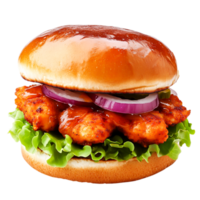 Crispy Chicken Sandwich with Lettuce, Onion, and Barbecue Sauce on Bun png