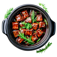 Delicious Beef Stew with Fresh Herbs and Rich Gravy in a Black Pot png