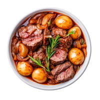Deliciously Cooked Beef Stew with Potatoes and Fresh Herbs in Bowl png