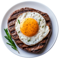 Grilled Steak with Fried Egg and Fresh Herbs on White Plate png