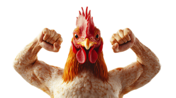 Muscular Chicken Flexing Arms in Fierce Fighting Pose,Symbolizing Physical Strength and Power png