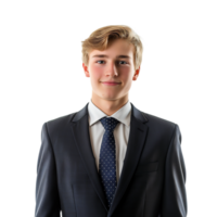 Confident young businessman in suit and tie posing for professional headshot in corporate office setting png